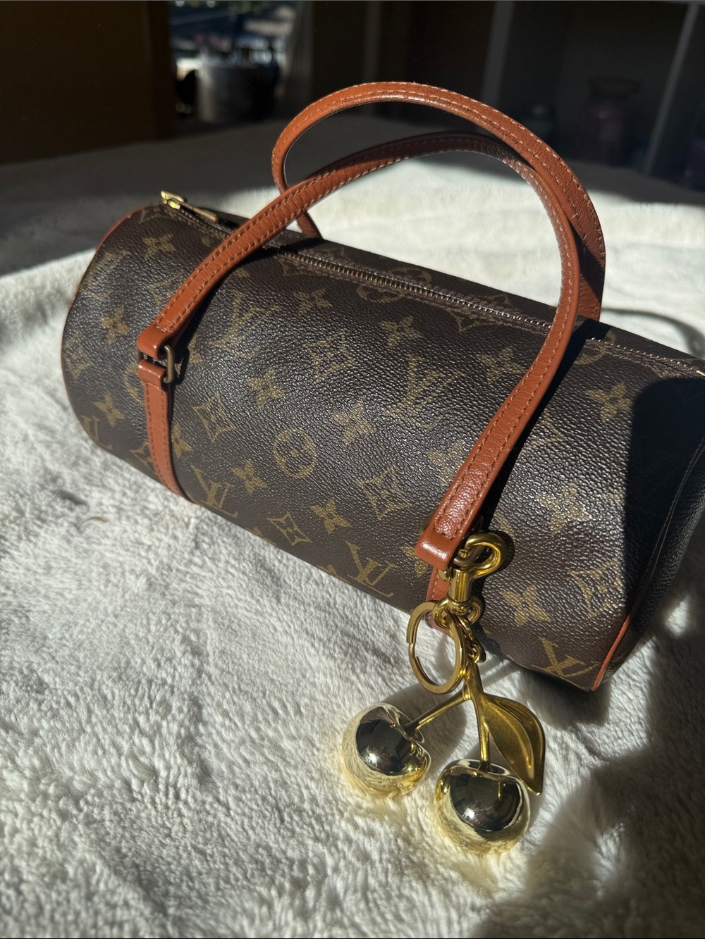 Louis Vuitton Brown Monogram Mini Barrel Bag with Gold Cherry Charm